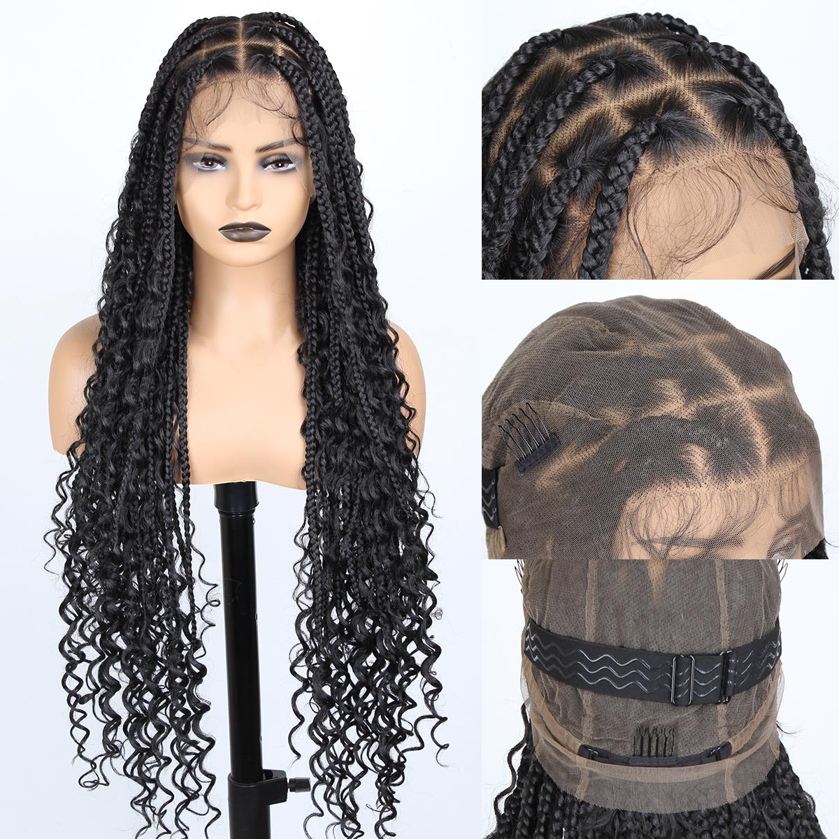 Sangtok 36 inch Knotless Boho Box Braid Wigs 360 Single Full Lace Braided Curly Wigs for Black Women Synthetic Black Braided Lace Wig