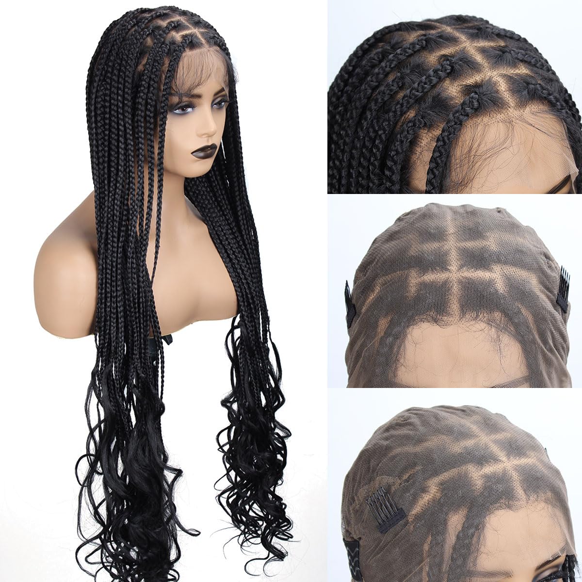 36 Inch Braided Wigs With Curly Ends 360 Single Full Lace French Curl Braided Wigs for Black Women Knotless Box Braid Wig with Baby’s Hair