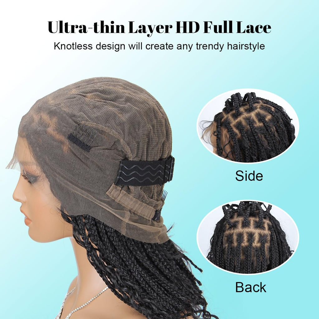 Sangtok 12 inch Knotless Boho Box Braid Wigs 360 Single Full Lace Braided Curly Wigs for Black Women Synthetic Black Braided Lace Wig