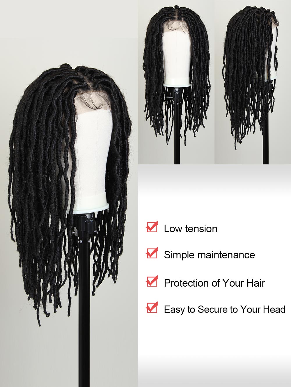 26" Full Double Lace Knotless Square Faux Locs Braided Wig–Dreadlock Handmade Synthetic Wig