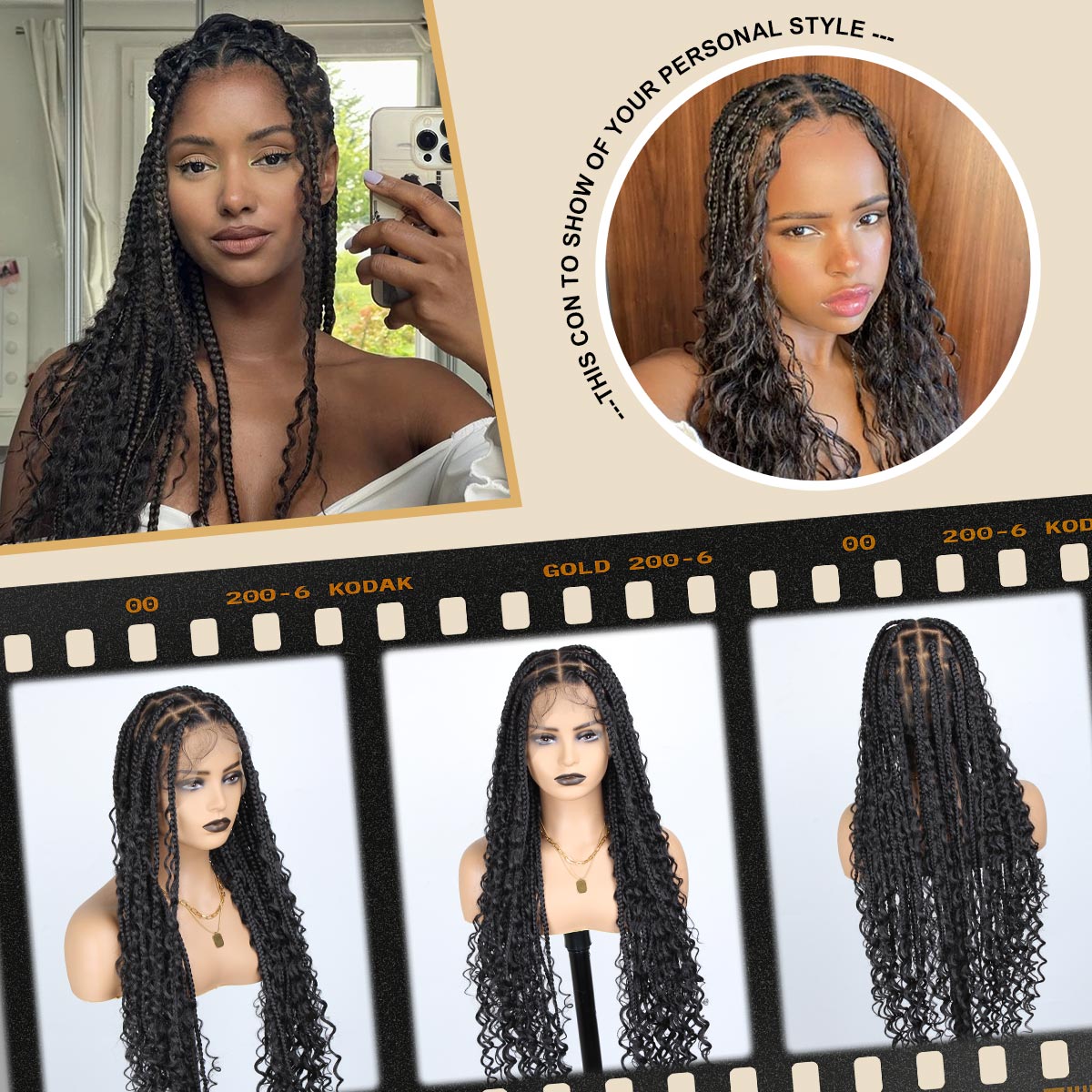 Sangtok 36 inch Knotless Boho Box Braid Wigs 360 Single Full Lace Braided Curly Wigs for Black Women Synthetic Black Braided Lace Wig