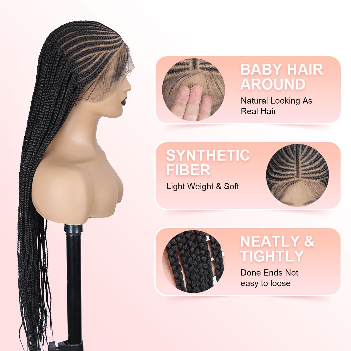 13X8 Lace 36 Inch Front Cornrow Braided Wigs for Black Women Cornrow Box Braid Wigs with Baby Hair Black Lightweight Synthetic Natural Deep Side Parting Lace Frontal Box Braided Wig