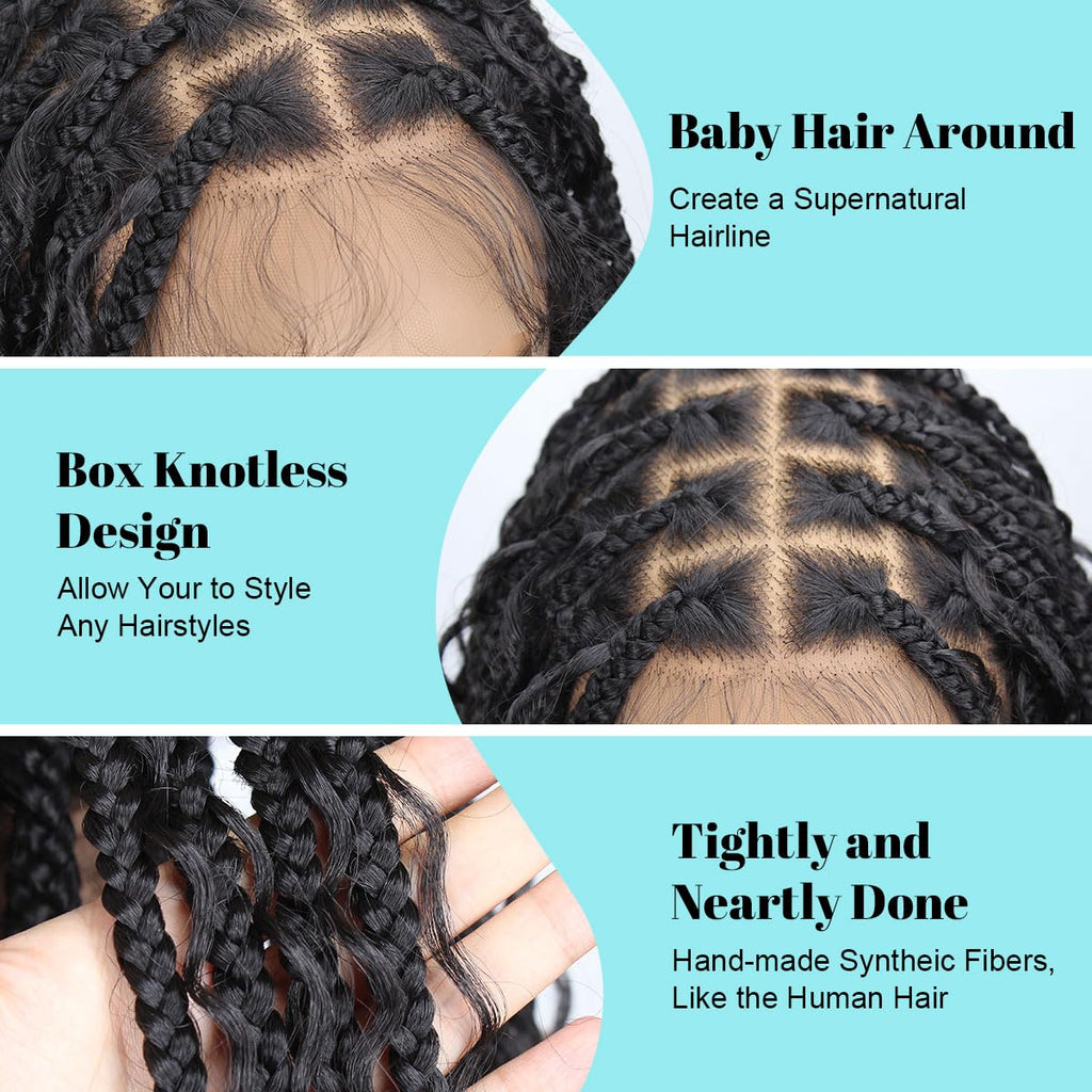 Sangtok 12 inch Knotless Boho Box Braid Wigs 360 Single Full Lace Braided Curly Wigs for Black Women Synthetic Black Braided Lace Wig
