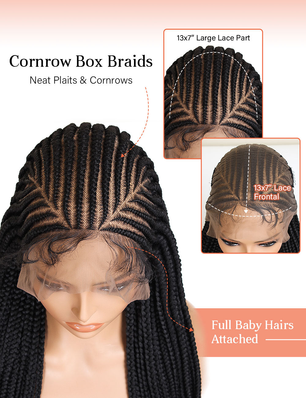 30 inch 13×7 HD Lace Front Box Braids Cornrow Wig