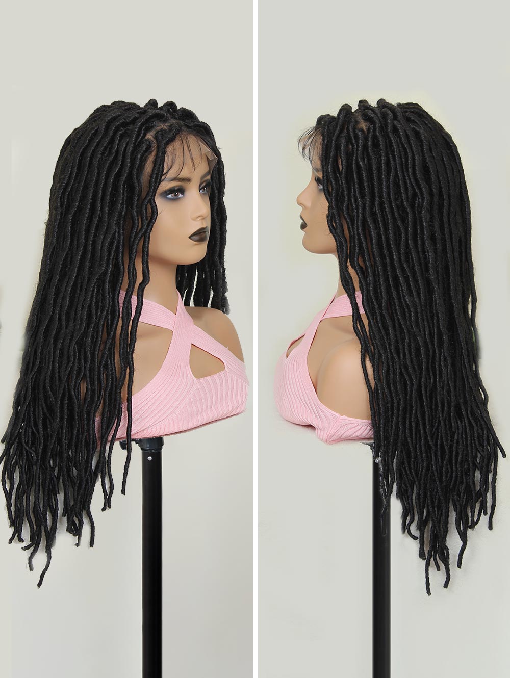 26" Full Double Lace Knotless Square Faux Locs Braided Wig–Dreadlock Handmade Synthetic Wig