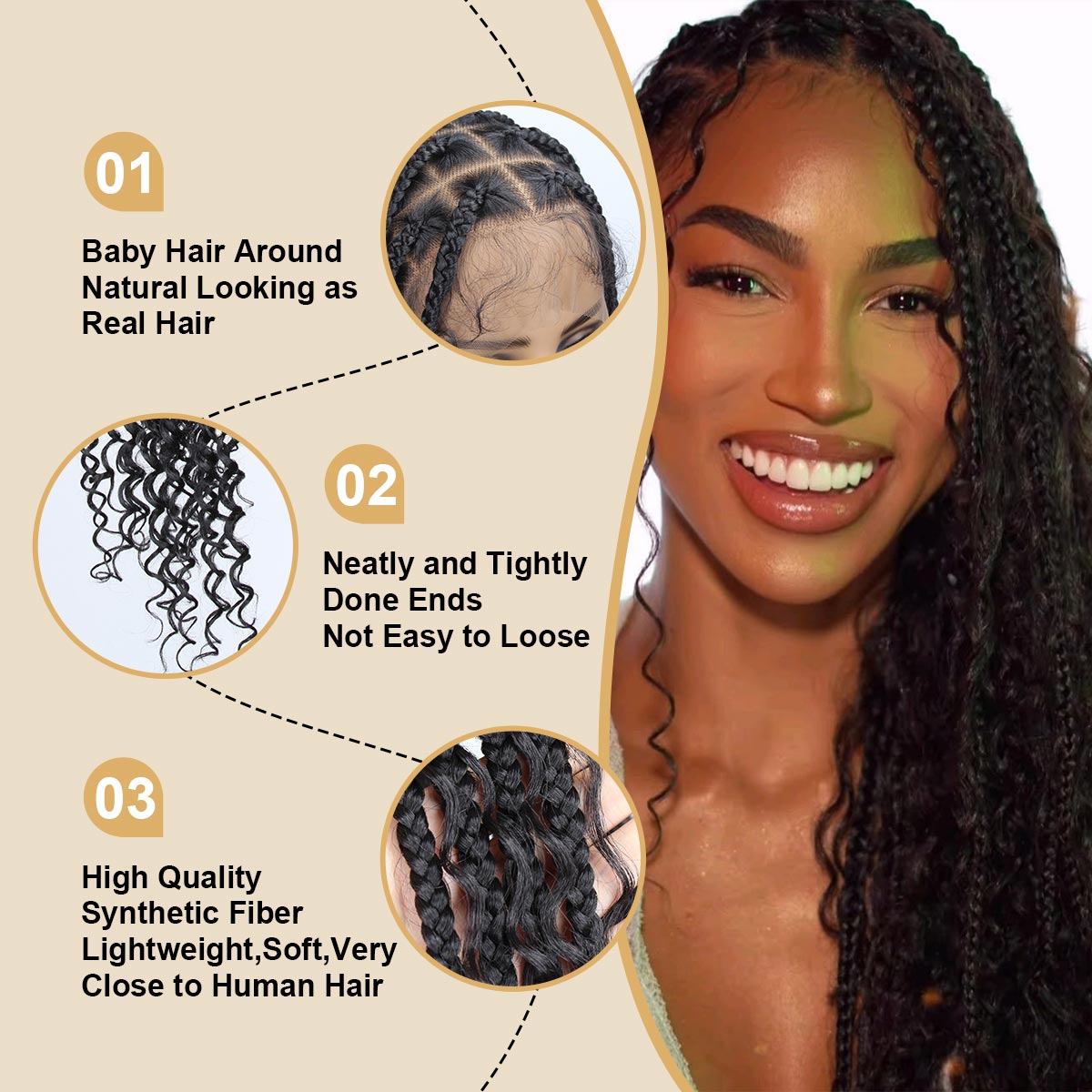 Sangtok 36 inch Knotless Boho Box Braid Wigs 360 Single Full Lace Braided Curly Wigs for Black Women Synthetic Black Braided Lace Wig