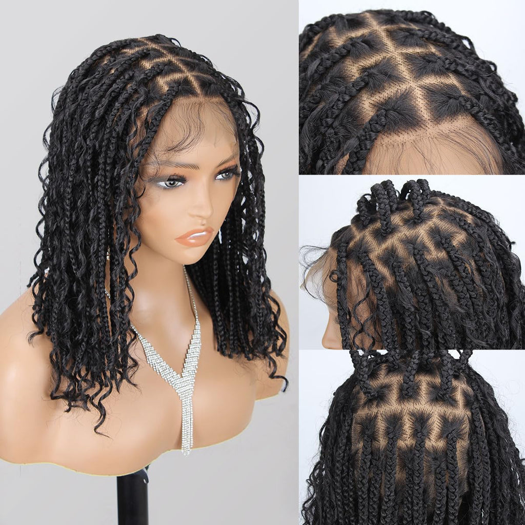 Sangtok 12 inch Knotless Boho Box Braid Wigs 360 Single Full Lace Braided Curly Wigs for Black Women Synthetic Black Braided Lace Wig