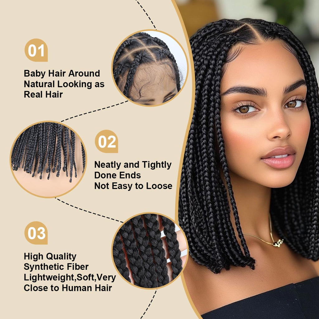Sangtok 12inch Knotless Box Braid Wigs 360 Single Full Lace Braided Wigs for Black Women Synthetic Black Braided Lace Wig