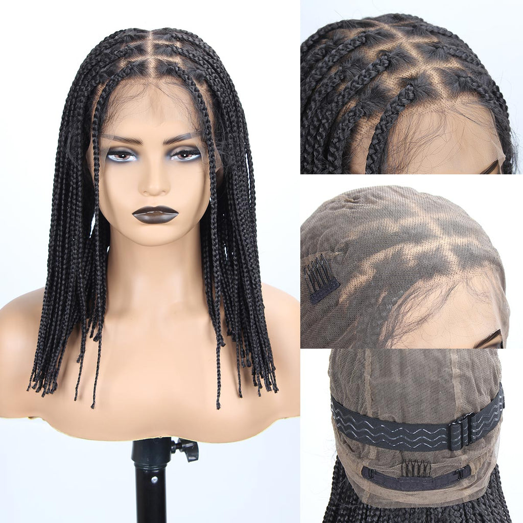 Sangtok 12inch Knotless Box Braid Wigs 360 Single Full Lace Braided Wigs for Black Women Synthetic Black Braided Lace Wig